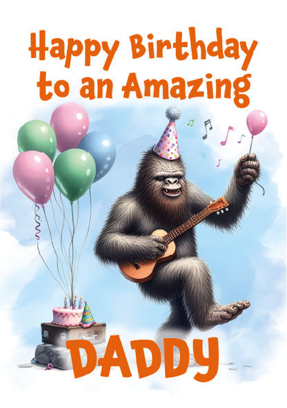 Birthday card with a cartoon gorilla playing guitar, balloons, and cake with 'Happy Birthday to an Amazing Daddy' text.
