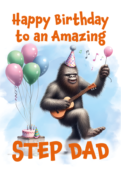 Birthday card with a cartoon gorilla playing guitar, surrounded by balloons and a cake, with text 'Happy Birthday to an Amazing Step Dad' on a blue background.