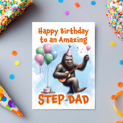 Birthday card with a cartoon gorilla playing guitar and balloons, text 'Happy Birthday to an Amazing Step Dad' on a colorful background.