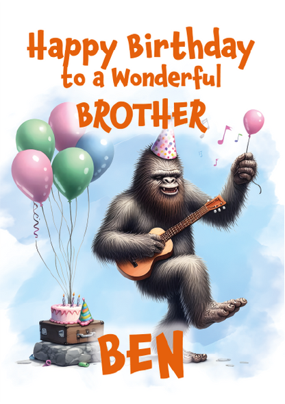 Birthday card with a cartoon gorilla playing guitar, surrounded by balloons and a cake, with 'Happy Birthday to a Wonderful Brother' text.