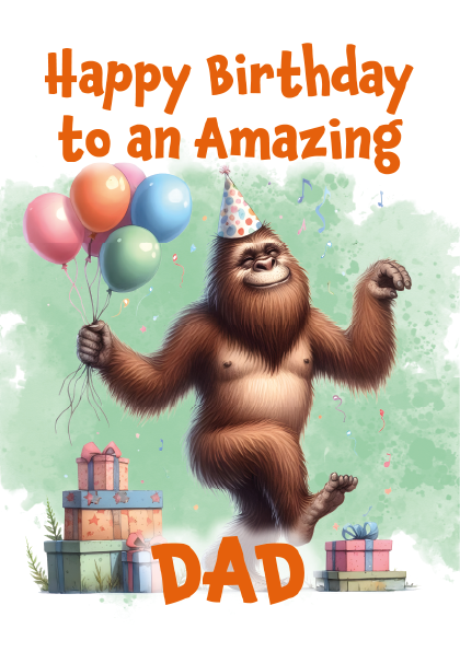 Birthday card with cartoon bear holding balloons and presents, text 'Happy Birthday to an Amazing Dad' on a light green background.