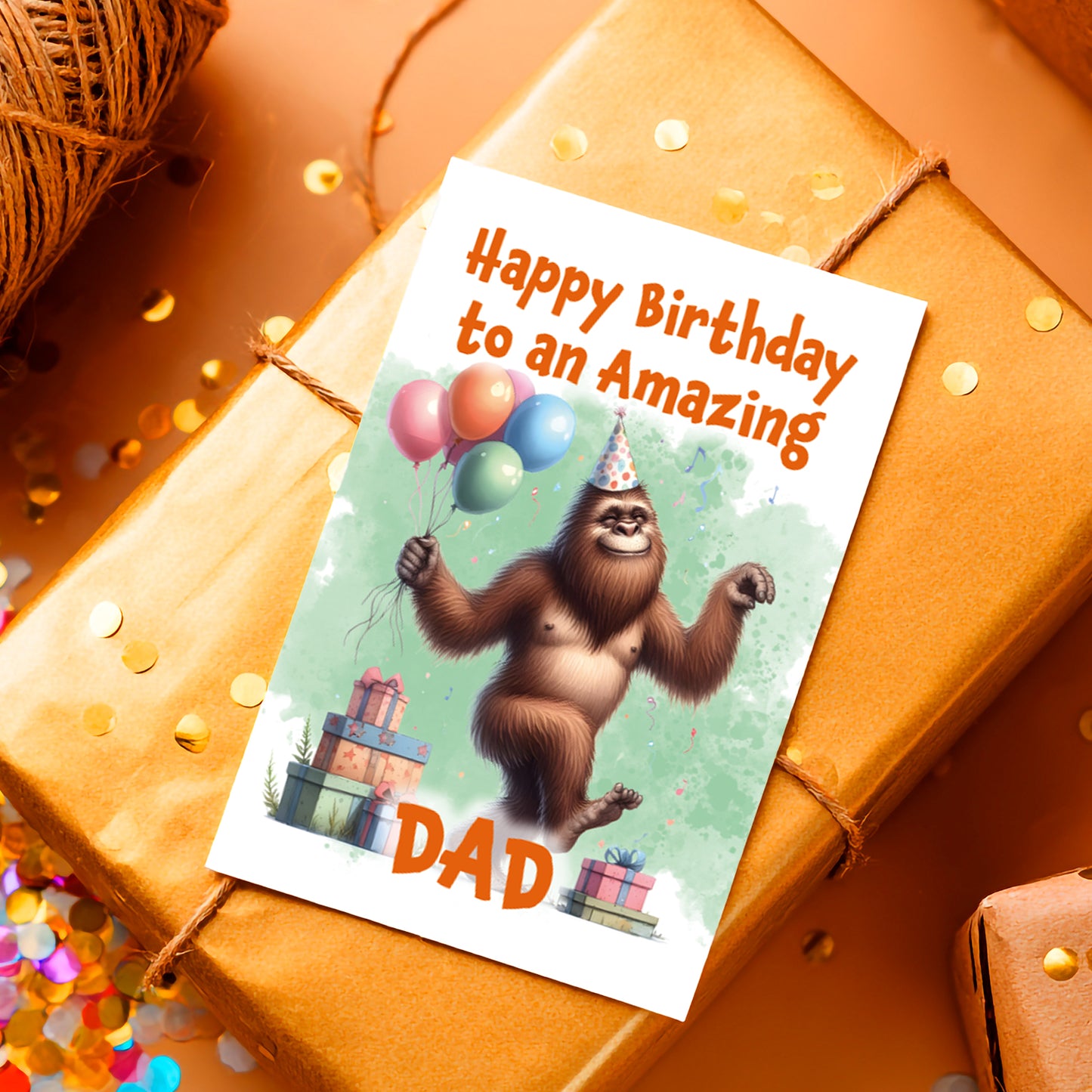 Birthday card for an amazing dad with a cartoon orangutan on a wrapped gift.