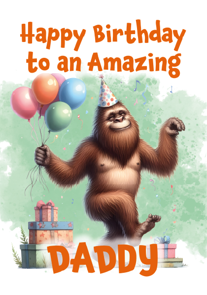 Birthday card with cartoon orangutan holding balloons and gifts, text 'Happy Birthday to an Amazing Daddy'.