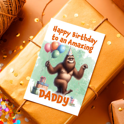 Birthday card with cartoon bear and balloons on a wrapped gift box.