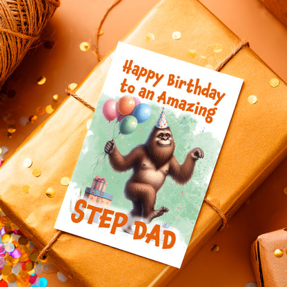 Birthday card for a step dad with a cartoon gorilla on a wrapped gift box.