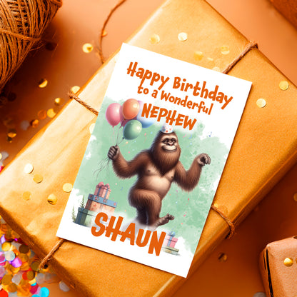 Birthday card with cartoon character on a wrapped gift box