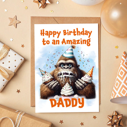 Birthday card with a cartoon Sasquatch holding a cake, surrounded by gift boxes and decorations.