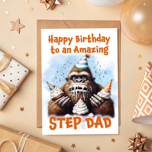Birthday card for an amazing step dad with a cartoon Sasquatch holding a cake, surrounded by gift boxes and decorations.