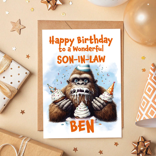 Birthday card for a wonderful son-in-law with a cartoon character holding birthday cakes, surrounded by gift boxes and decorations.