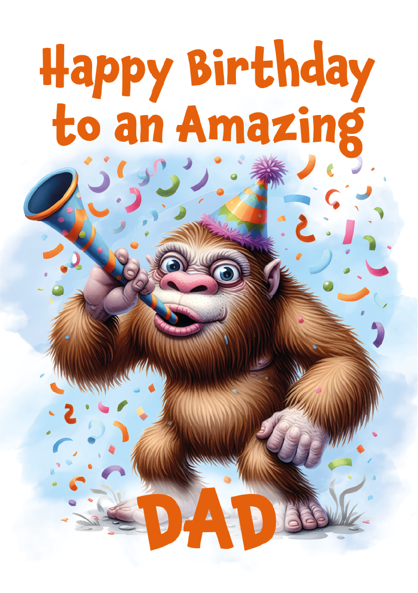Birthday card with cartoon orangutan blowing a horn, surrounded by confetti, on a light blue background.