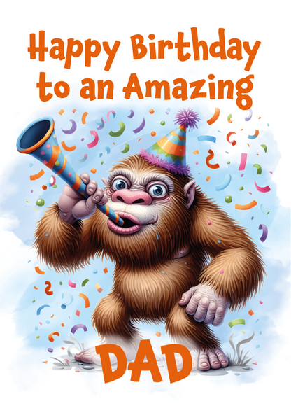 Birthday card with cartoon orangutan blowing a horn, surrounded by confetti, on a light blue background.