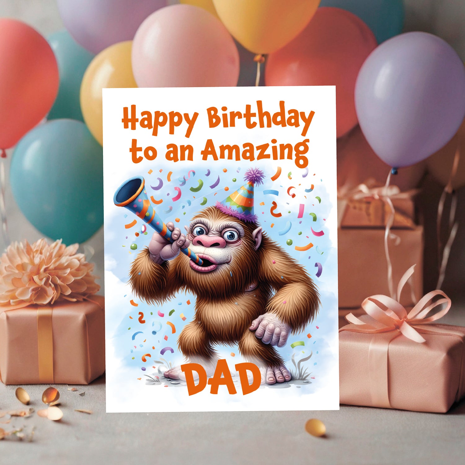 Birthday card with cartoon monkey holding a party horn, surrounded by balloons and gifts.