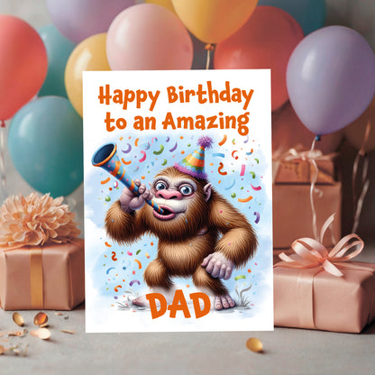 Birthday card with cartoon monkey holding a party horn, surrounded by balloons and gifts.
