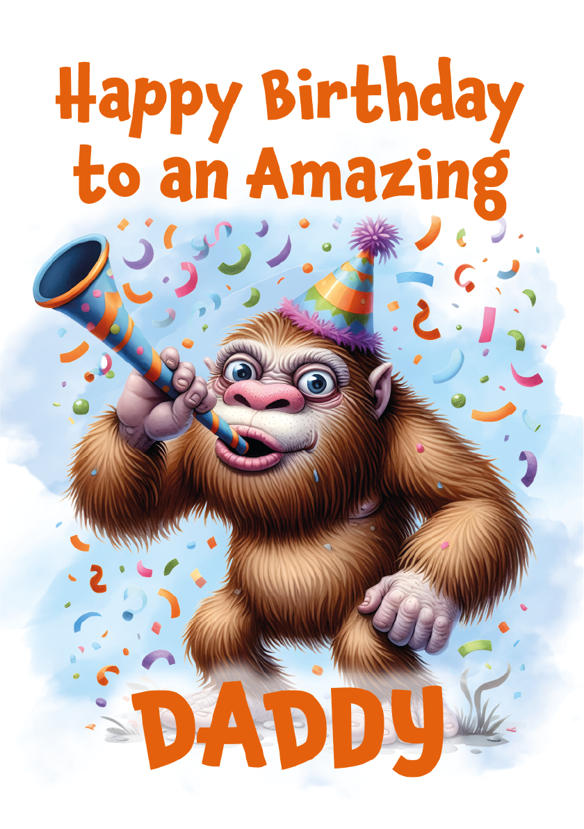 Birthday card with a cartoon monkey blowing a horn, surrounded by confetti, with text 'Happy Birthday to an Amazing Daddy'.