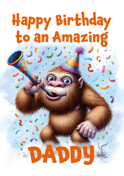 Birthday card with a cartoon monkey blowing a horn, surrounded by confetti, with text 'Happy Birthday to an Amazing Daddy'.