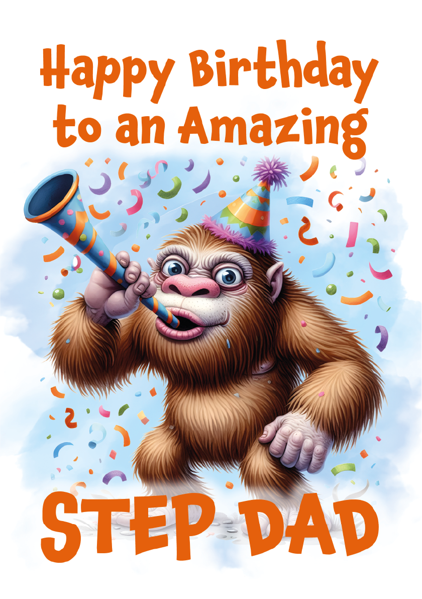 Birthday card with cartoon orangutan blowing a horn, text 'Happy Birthday to an Amazing Step Dad' on a blue background.