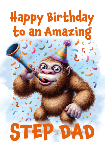 Birthday card with cartoon orangutan blowing a horn, text 'Happy Birthday to an Amazing Step Dad' on a blue background.