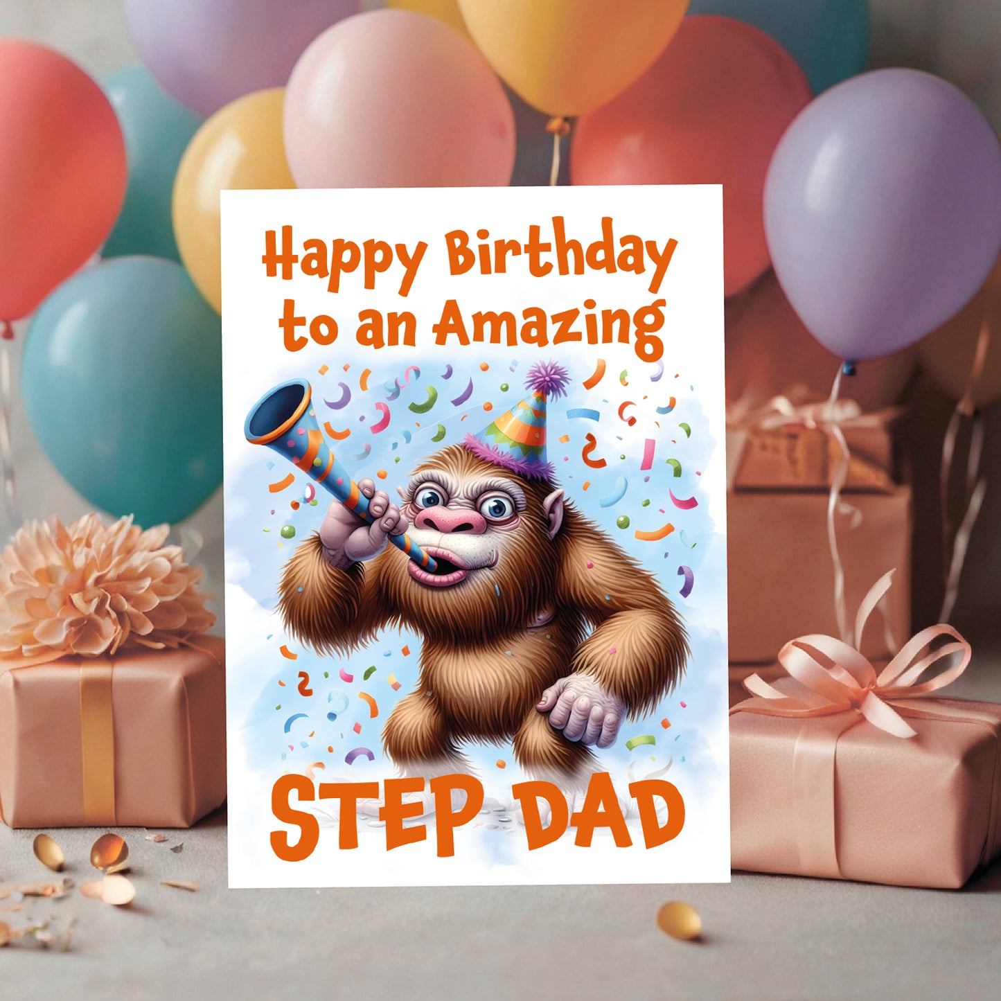 Birthday card for an amazing step dad with a cartoon monkey, balloons, and gifts.