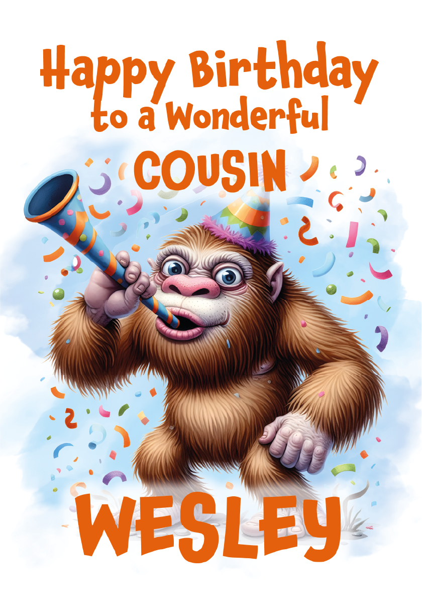 Birthday card with cartoon orangutan blowing a horn, surrounded by confetti, and text 'Happy Birthday to a wonderful cousin Wesley' on a light blue background.