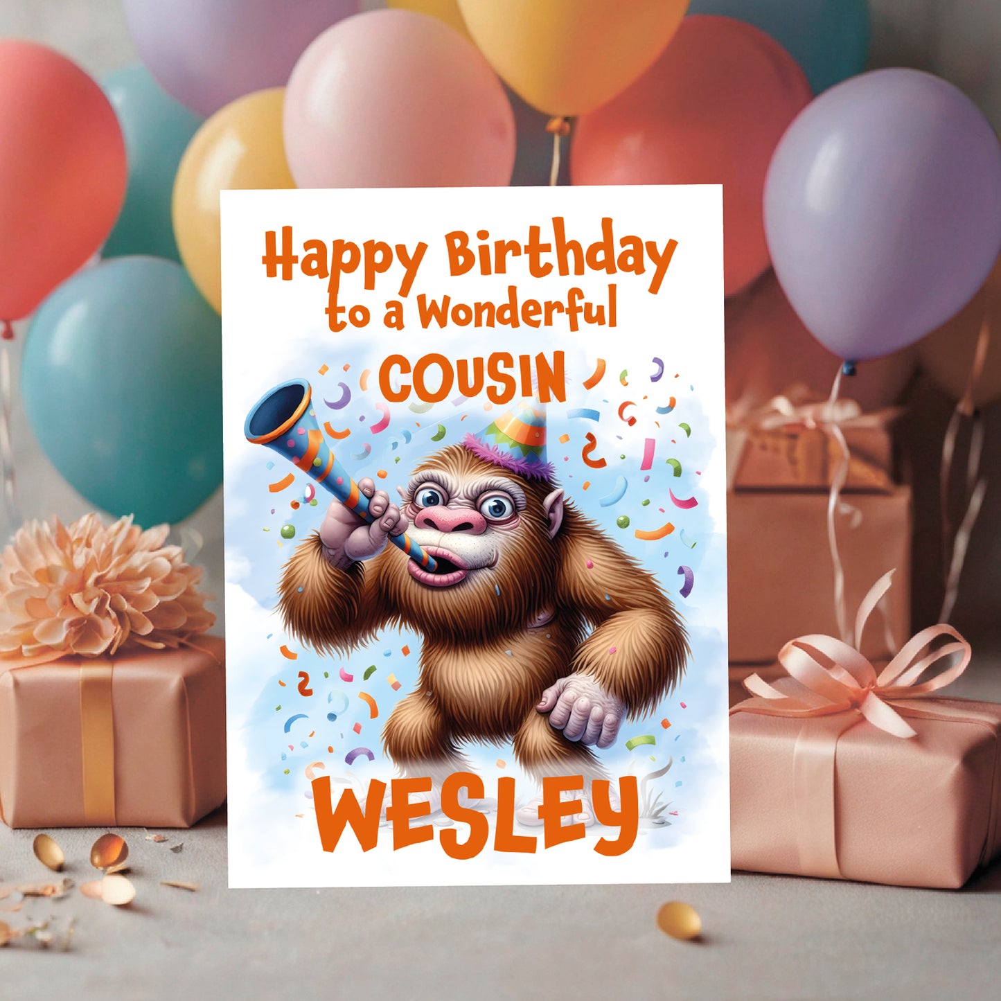 Birthday card with cartoon monkey holding a party horn, surrounded by balloons and gifts.