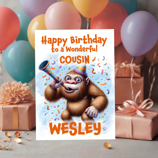 Birthday card with cartoon monkey holding a party horn, surrounded by balloons and gifts.