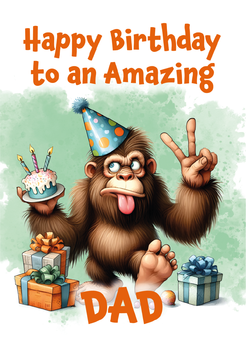 Birthday card with cartoon monkey holding a cake and presents, text 'Happy Birthday to an Amazing Dad' on a light green background.