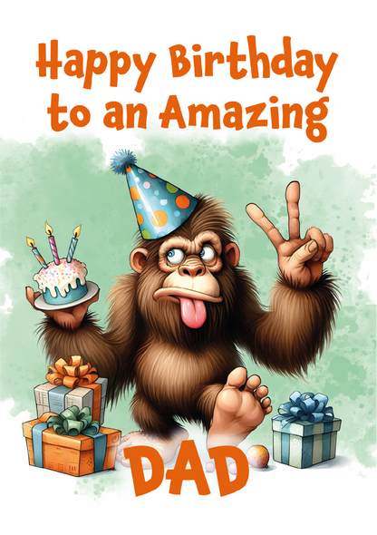 Birthday card with cartoon monkey holding a cake and presents, text 'Happy Birthday to an Amazing Dad' on a light green background.