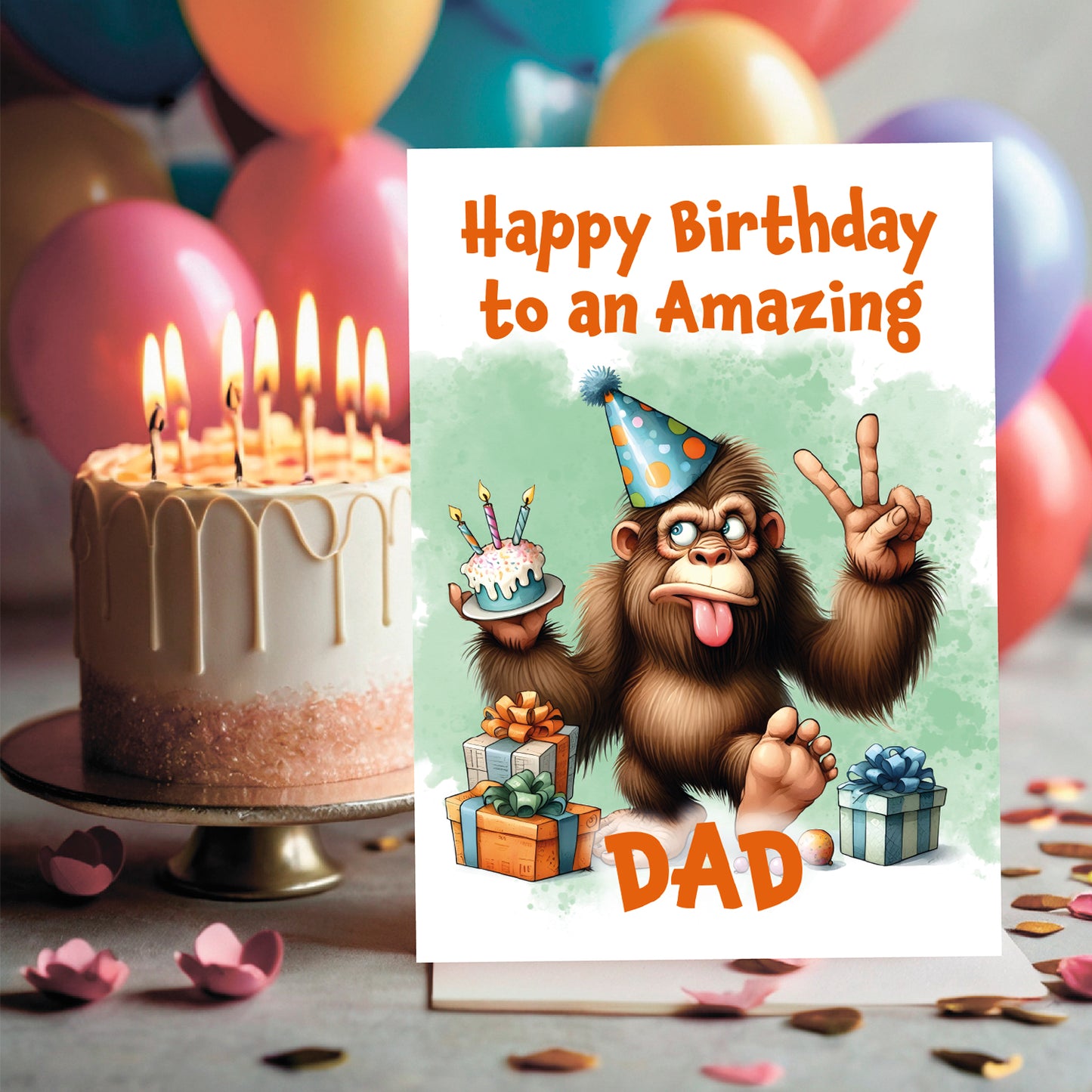 Birthday card with cartoon monkey and birthday cake, surrounded by balloons and a cake.
