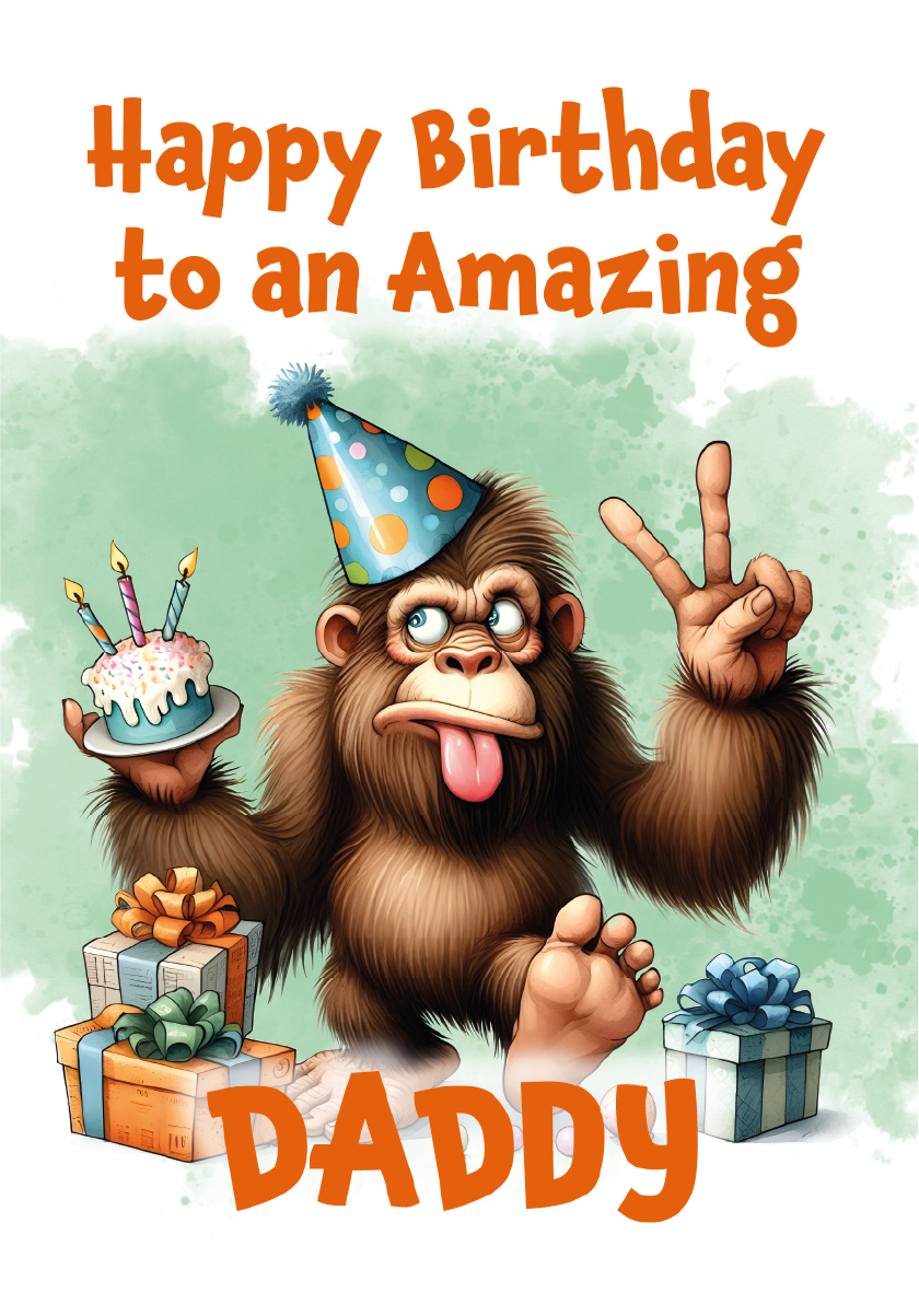 Birthday card with cartoon monkey holding a cake and peace sign, text 'Happy Birthday to an Amazing Daddy' on a light green background.