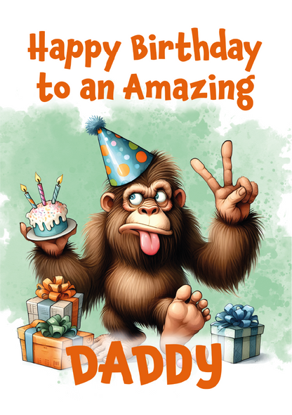 Birthday card with cartoon monkey holding a cake and peace sign, text 'Happy Birthday to an Amazing Daddy' on a light green background.