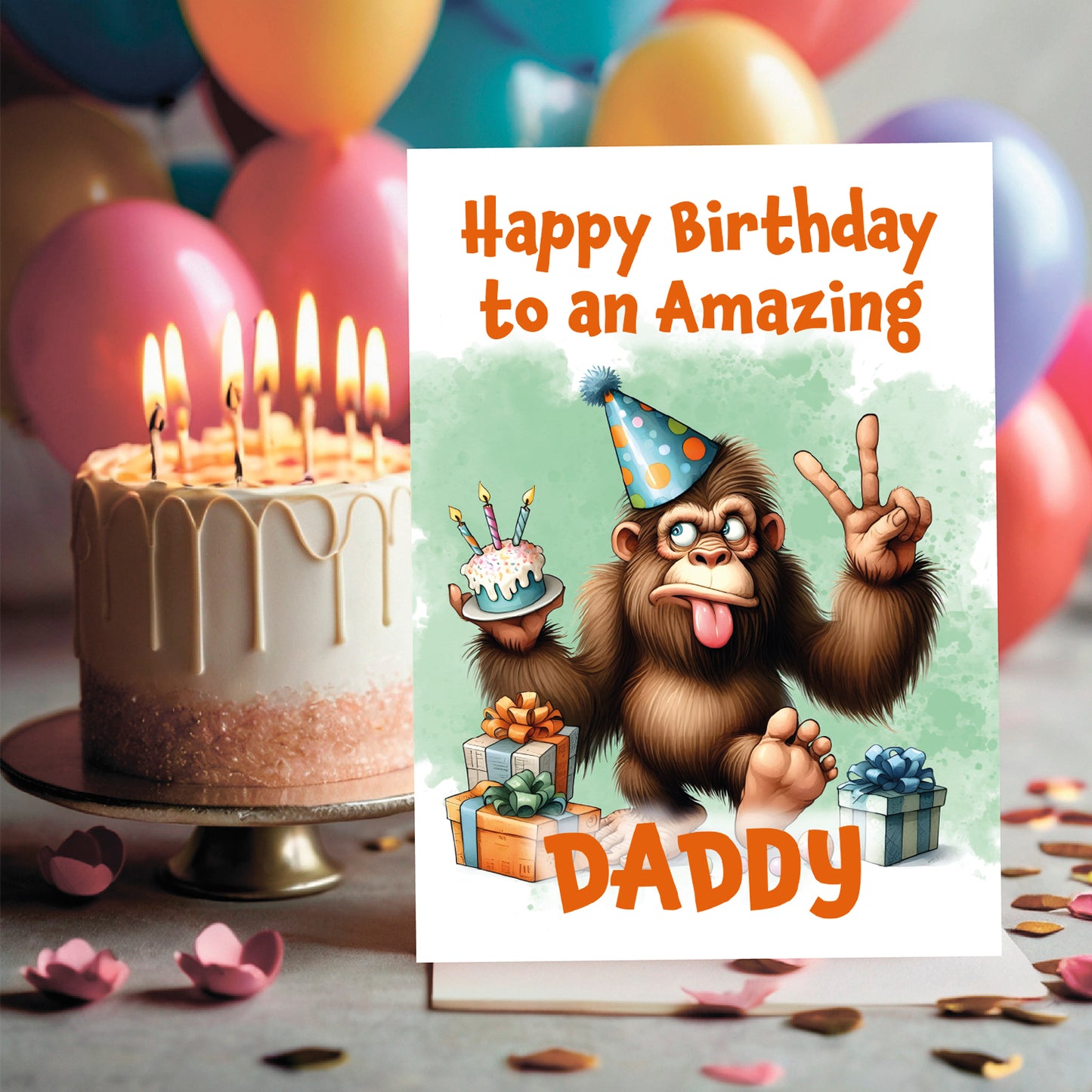 Birthday card with cartoon monkey and birthday cake, surrounded by balloons and a cake.