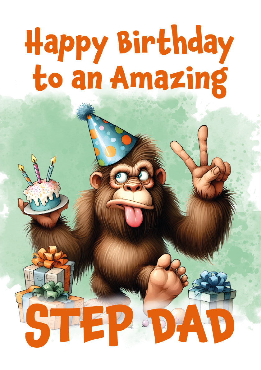 Birthday card with cartoon monkey holding a cake and presents, text 'Happy Birthday to an Amazing Step Dad' on a light green background.