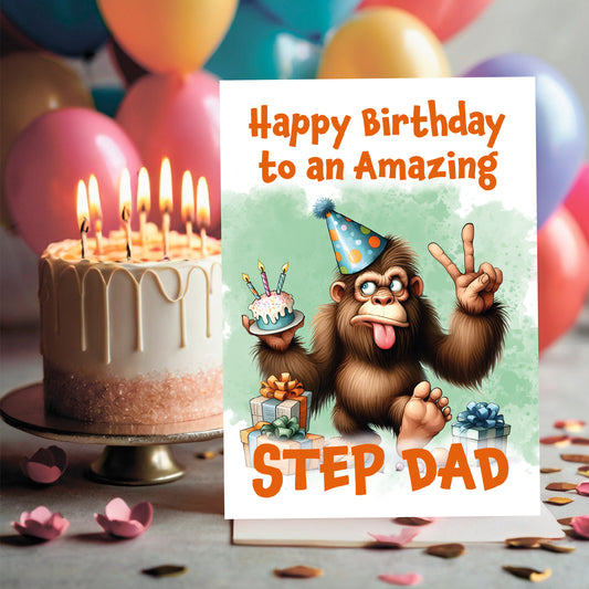 Birthday card for a step dad with a cartoon monkey, cake, and balloons.