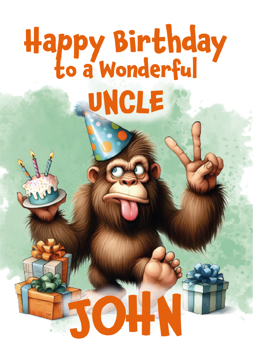 Birthday card with cartoon monkey holding a cake and presents, text 'Happy Birthday to a Wonderful Uncle John' on a light green background.