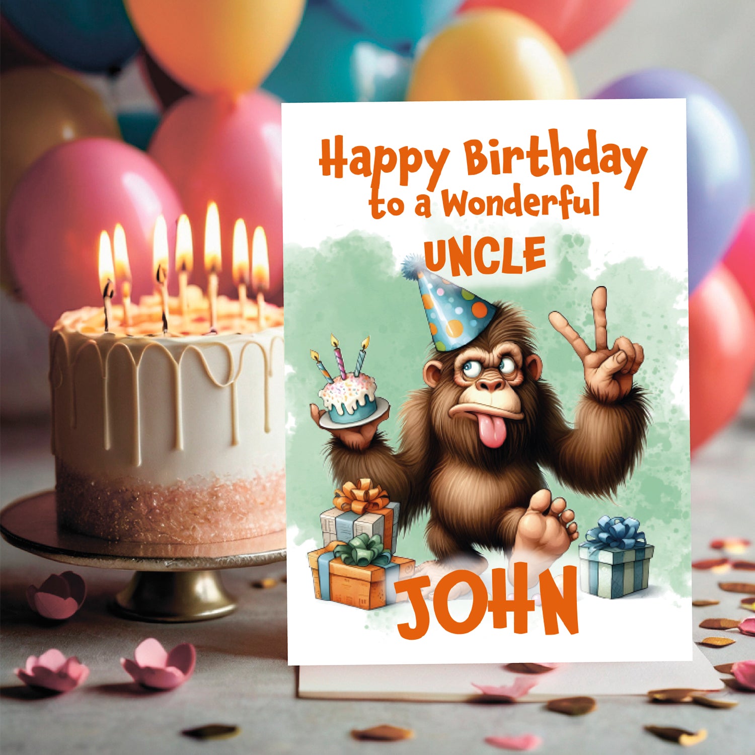 Birthday card with cartoon monkey holding a cake and balloons in the background