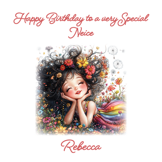 Illustration of a girl with flowers in her hair and text 'Happy Birthday to a very special niece Rebecca' on a white . background. Personalised  with name and relation.