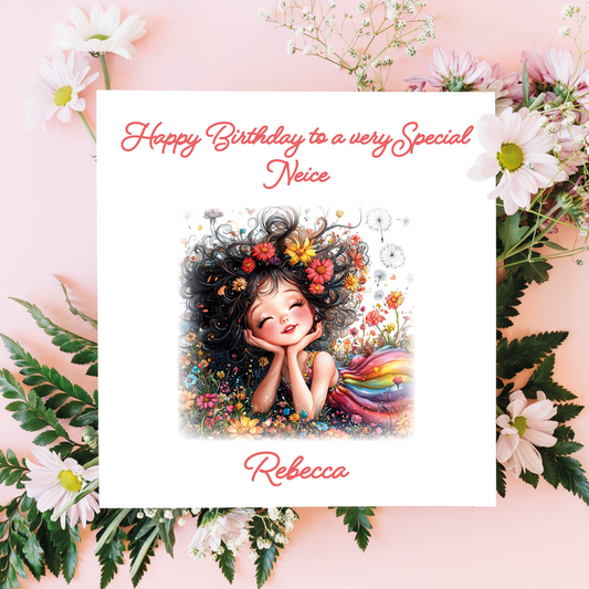 Birthday card for a special niece with floral decorations on a pink background. Personalised  with name and relation.