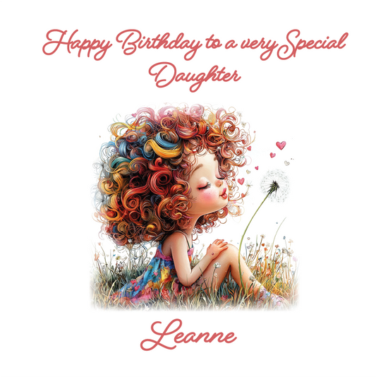 Illustration of a girl with colorful hair blowing on a dandelion with 'Happy Birthday to a very special daughter'  text. Personalised  with name and relation.