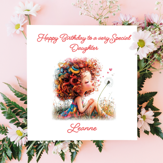 Birthday card for a special daughter with colorful hair and floral decorations on a pink background. Personalised  with name and relation.