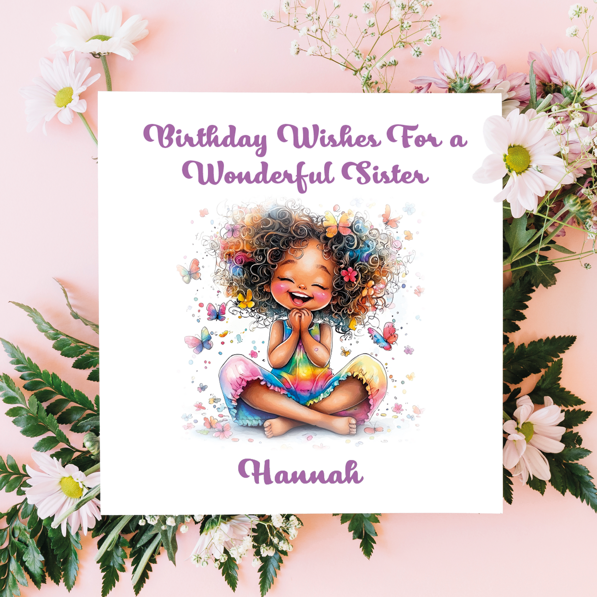 Greeting card with a cartoon girl, flowers, and text on a pink background. Personalised  with name and relation.