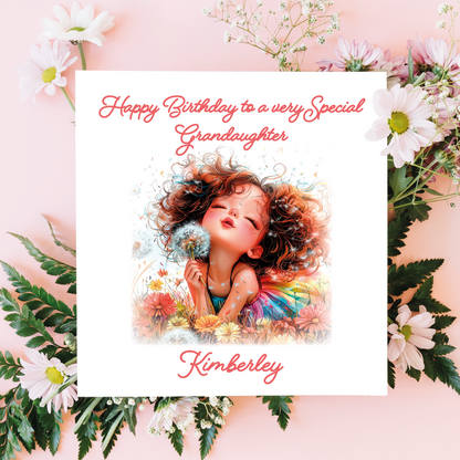 Greeting card with illustration of a young girl, flowers, and text on a pink background. Personalised  with name and relation.