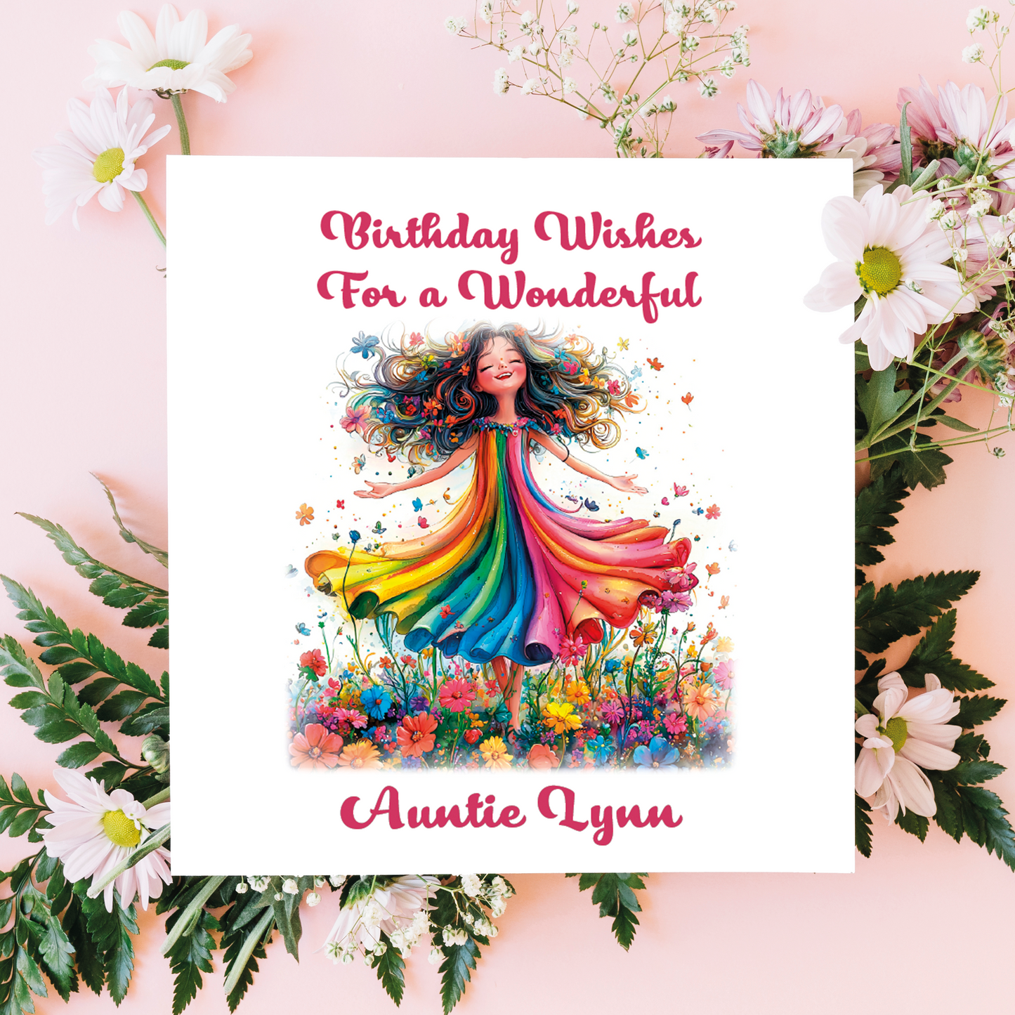 Birthday card with colorful illustration of a woman and floral design on a pink background. Personalised  with name and relation.