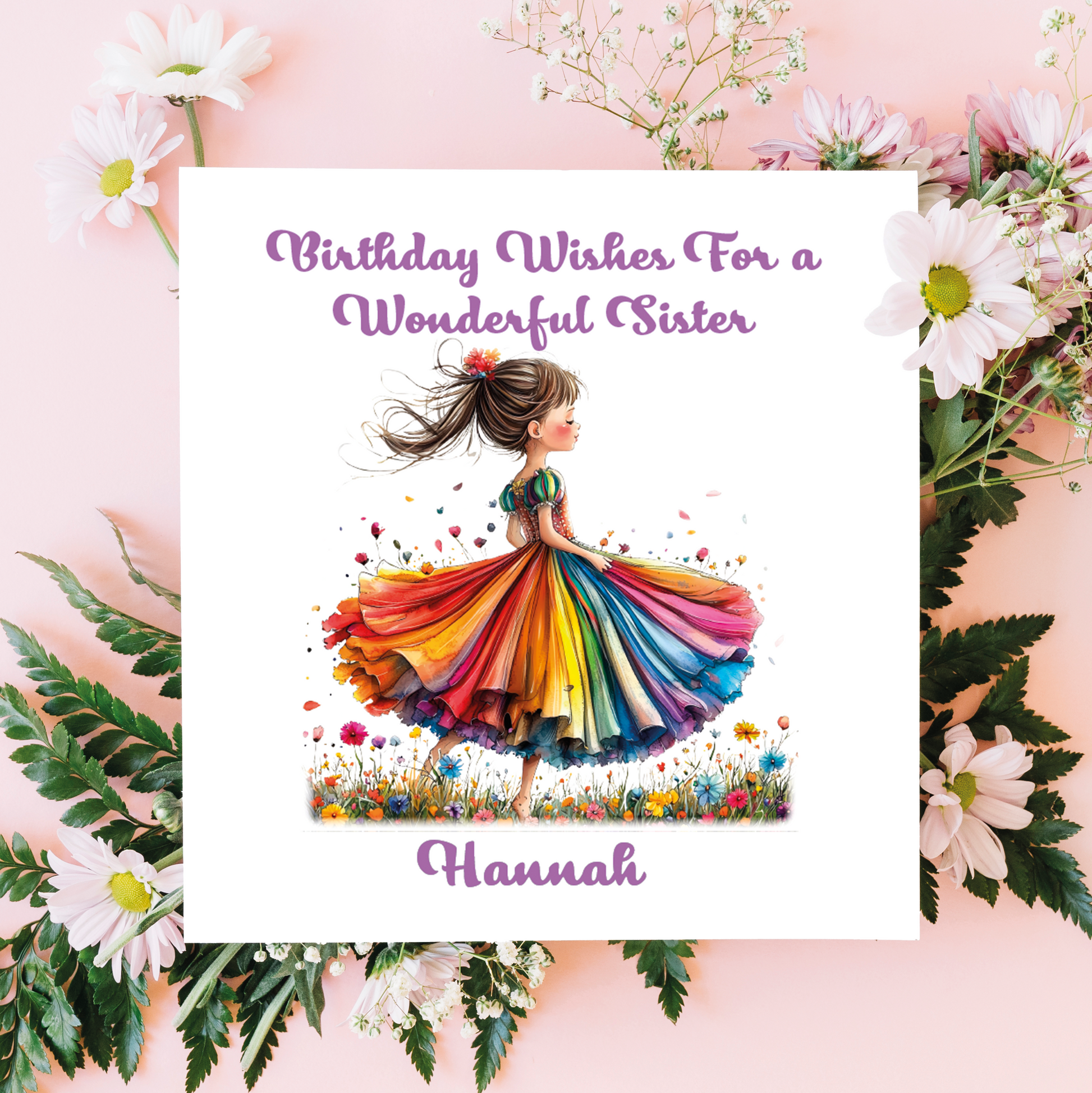 Greeting card with a  girl in a colorful dress design and floral elements on a pink background.Personalised  with name and relation.