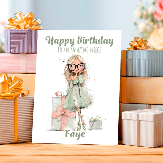 Birthday card for an amazing niece with illustrated character and gift boxes on a wooden surface.