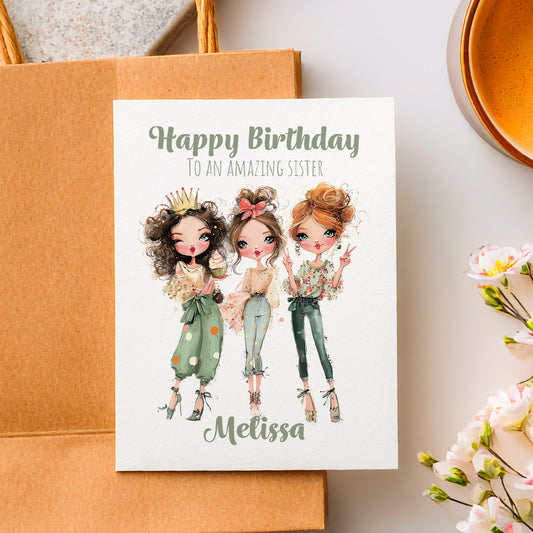 Birthday card with illustration of three women and personalized text on a white background