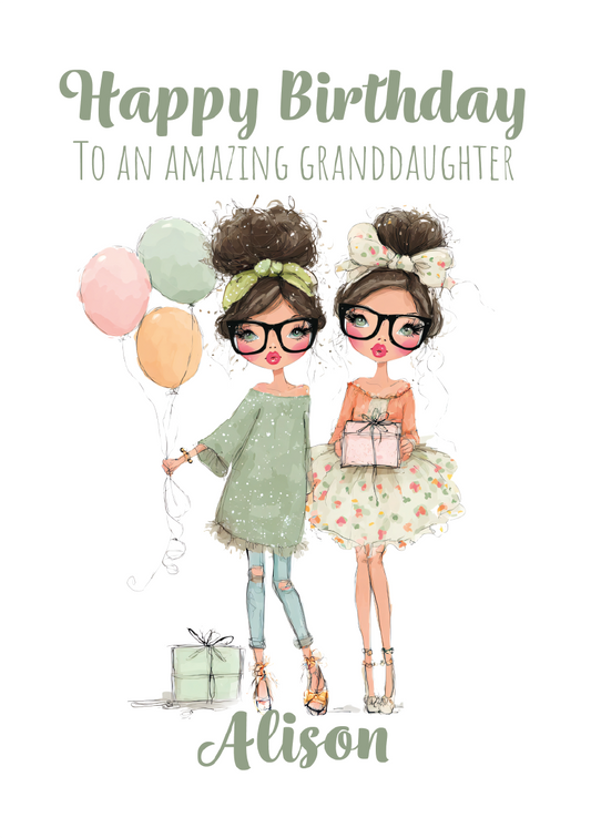 Illustration of two girls with balloons and gifts on a white background, with text 'Happy Birthday to an amazing granddaughter Alison'.