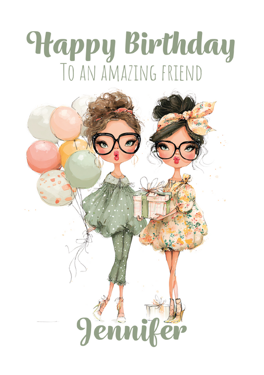 Illustration of two women with balloons and a gift, with 'Happy Birthday to an amazing friend' text.