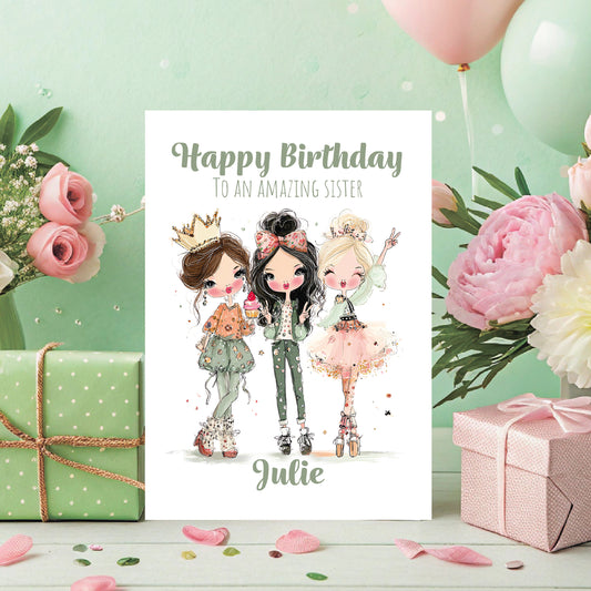 Birthday card with illustrations of three girls, surrounded by flowers and gift boxes on a light green background.