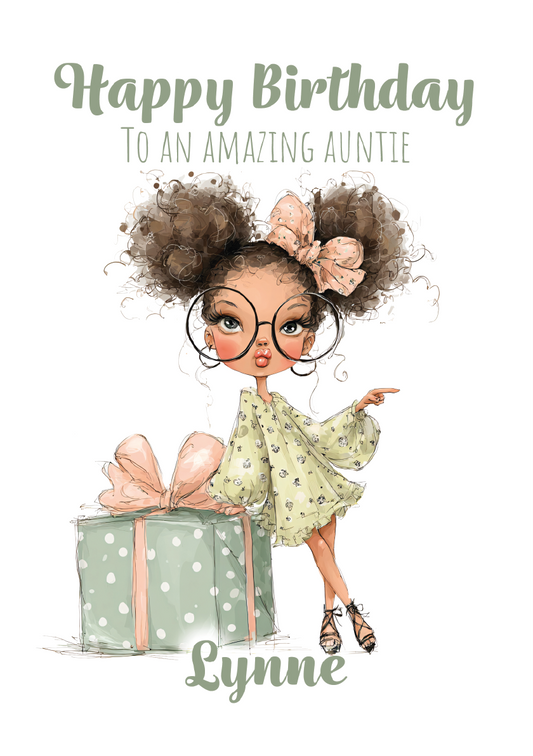 Illustration of a girl with glasses holding a gift, with 'Happy Birthday to an amazing auntie Lynne' text.