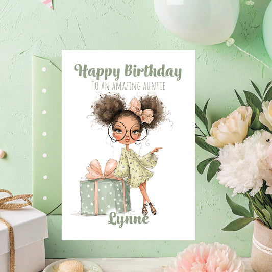 Birthday card for an amazing auntie with a girl holding a gift, flowers, and balloons on a light green background.